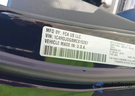 2021 Dodge Durango Gt Awd z USA, uszkodzony, nr VIN 1C4RDJDG8MC815267